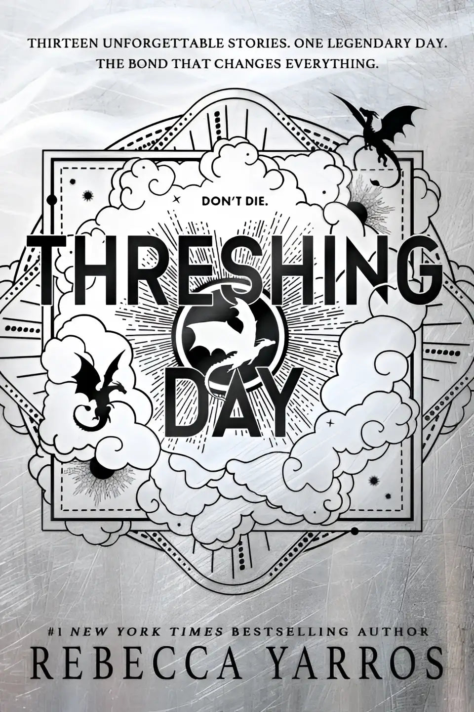 Silver metallic book cover with intricate black dragons and clouds line art and bold thrashing day title for book four