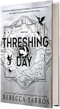 Zwart-witte omslag van het boek threshing day met vetgedrukte typografie door rebecca stott standaardeditie us