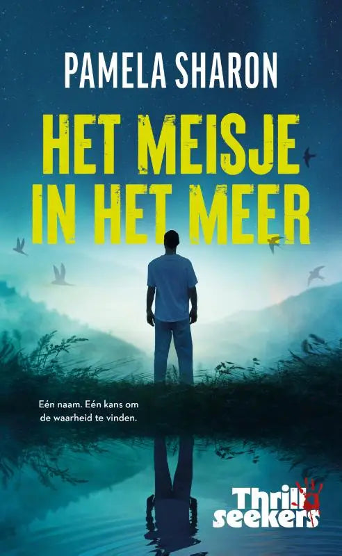 Een man in een lichtblauw t-shirt en spijkerbroek staat silhouet tegen een mistig sterrenlandschap bij thrillseekers het meisje in het meer