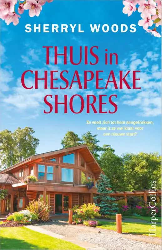 Een houten blokhut met schuindak en grote ramen in chesapeake shores symboliseert een nieuwe start tussen roze bloesems