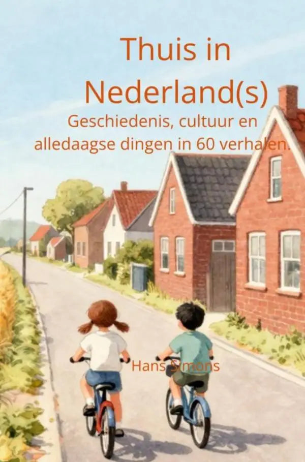 De boekcover van thuis in nederland(s) toont twee kinderen op fietsen op een zonovergoten straat met rode bakstenen huizen en benadrukt alledaagse dingen