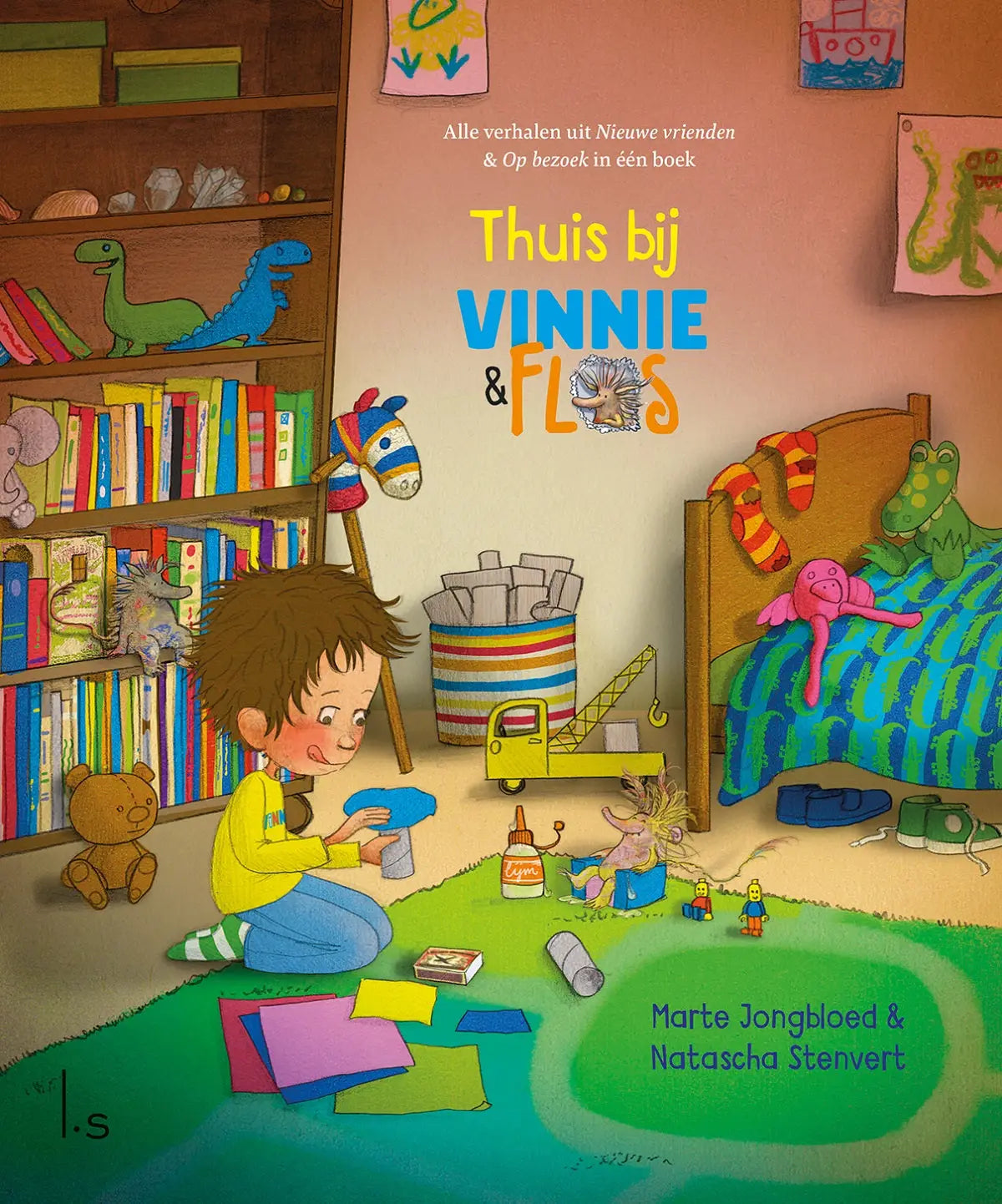 De kleurrijke kinderboekcover van thuis bij vinnie & floss door marte jongbloed met speelse letters