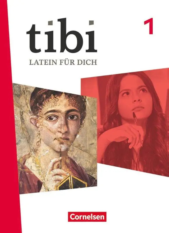 De cover van tibi 1 allgemeine ausgabe toont een schulbuch mit digitalen media met een oude romeinse portret en een moderne vrouw