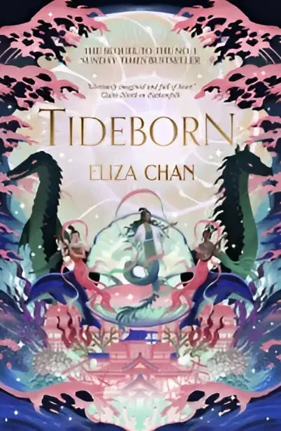 De cover van tideborn van eliza chan toont een gedetailleerde illustratie met zeewezens in levendige kleuren voor drowned world duology