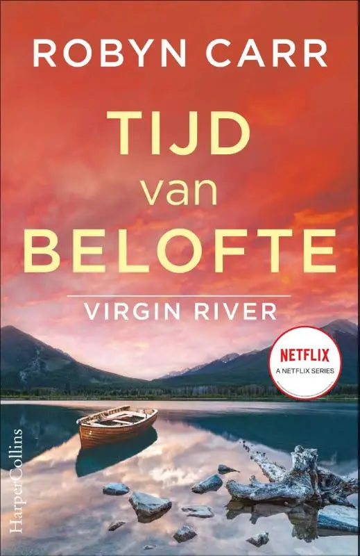 Boek cover van tijd van belofte door robyn carr met een sereen meer en bergen onder oranje roze lucht