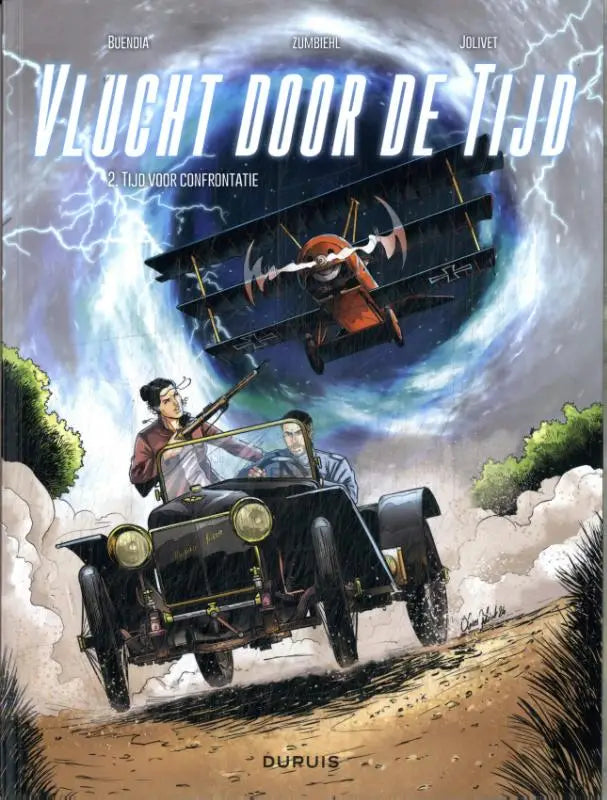 Black vintage auto met gouden accenten rijdend over een zandweg tijd voor confrontatie frederic zumbiehl strips algemeen