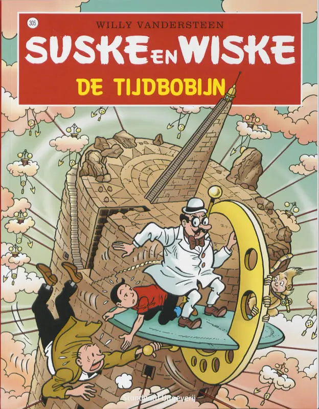De cover van het comicboek suske en wiske de tijdbobijn door willy vandersteen toont een tijdmachine met personages tegen een wolkenlucht