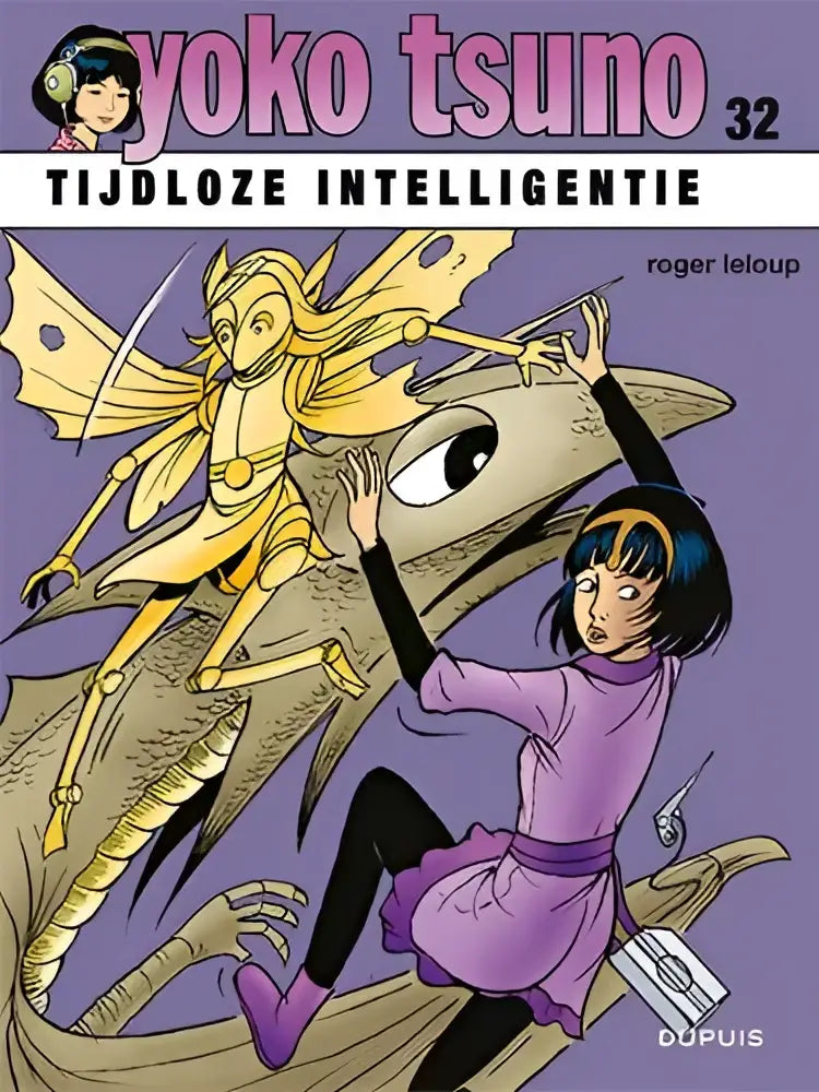 Meisje in paarse jurk met zwarte legging en paarse riem reikt naar gouden gevleugeld figuur tijdloze intelligentie yoko tsuno