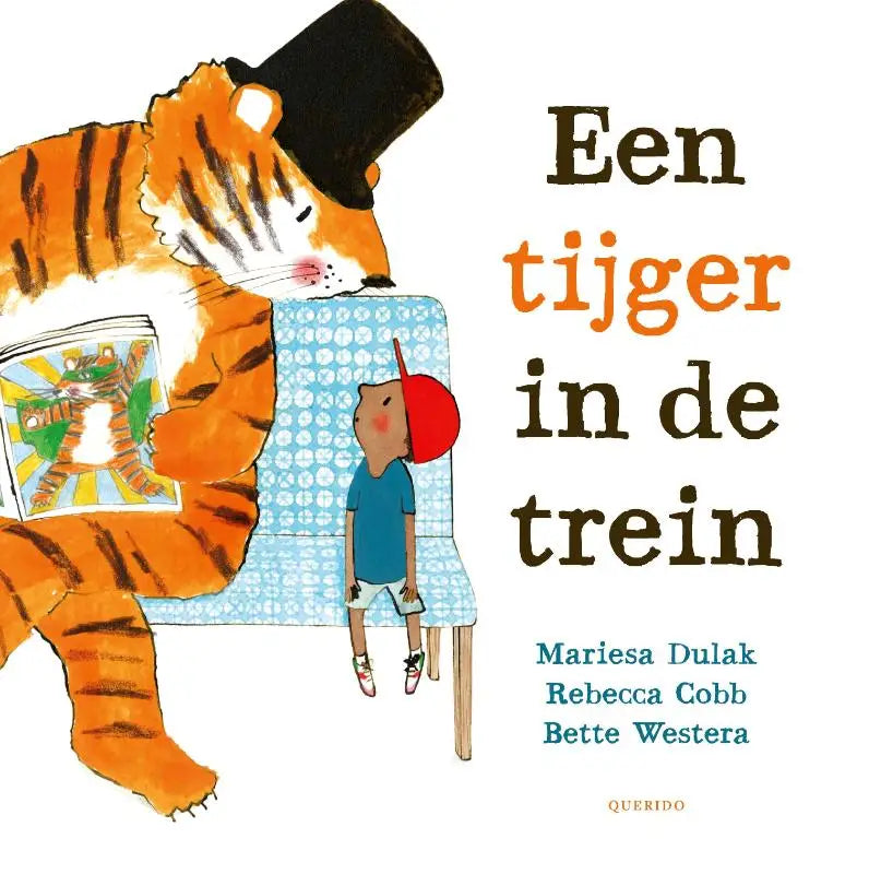 Oranje tijger met zwarte hoge hoed die een geïllustreerd boek vasthoudt voor jonge lezers in een tijger in de trein