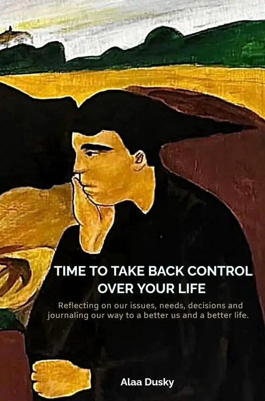 Boekcover met illustratie van man in profiel met gouden huid en zwart haar voor take back control met decisions and journaling