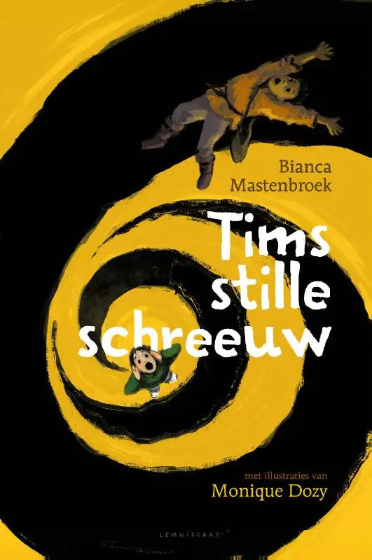 Boekcover van tims stille schreeuw met gele en zwarte spiraal en illustraties van bewegende kinderen door bianca mastenbroek