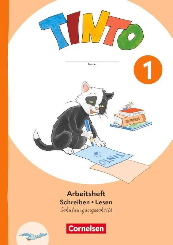 De cover van het arbeitsheft schreiben und tinto 1 met een zwart wit kat die met een blauwe potlood schrijft op papier