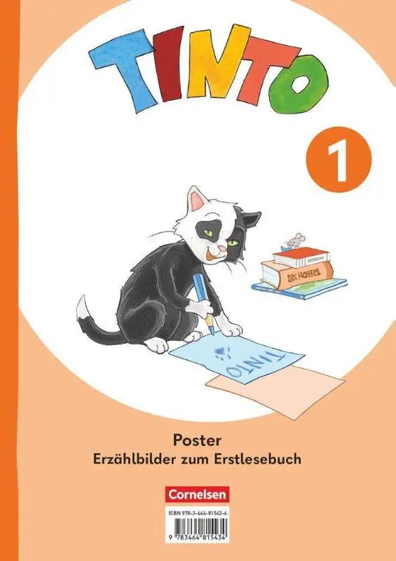 Een zwart-witte cartoonkat met groene ogen schrijft met een blauwe potlood op papier op een tinto 1 schuljahr poster met erzählbilder zum en zweiseitig bedruckt