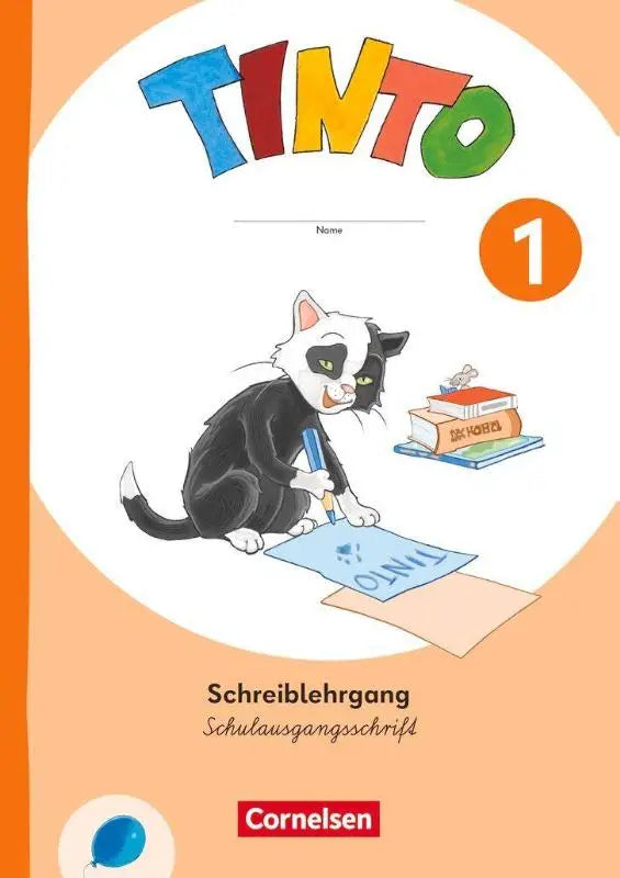 Cover van tinto 1 schrijfwerkboek voor kinderen met een zwart-witte kat met groene ogen zittend aan een bureau