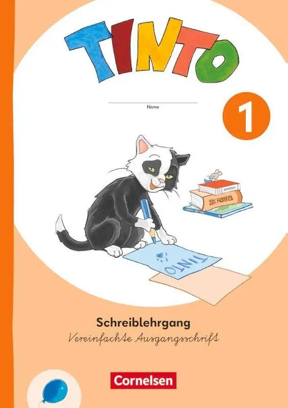 Cover van tinto 1 schrijfwerkboek voor kinderen met vereinfachter ausgangsschrift en een kat die schrijft