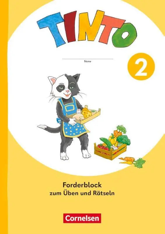A cheerful black-and-white cartoon cat in a blue polka-dot apron holds crates of produce on tinto sprachlesebuch forderblock zum cover