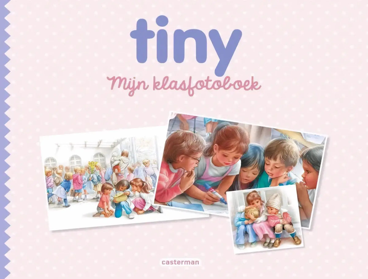 Pink polkadot boekcover van tiny mijn klasfotoboek met geïllustreerde kindfoto’s voor casterman jeugd