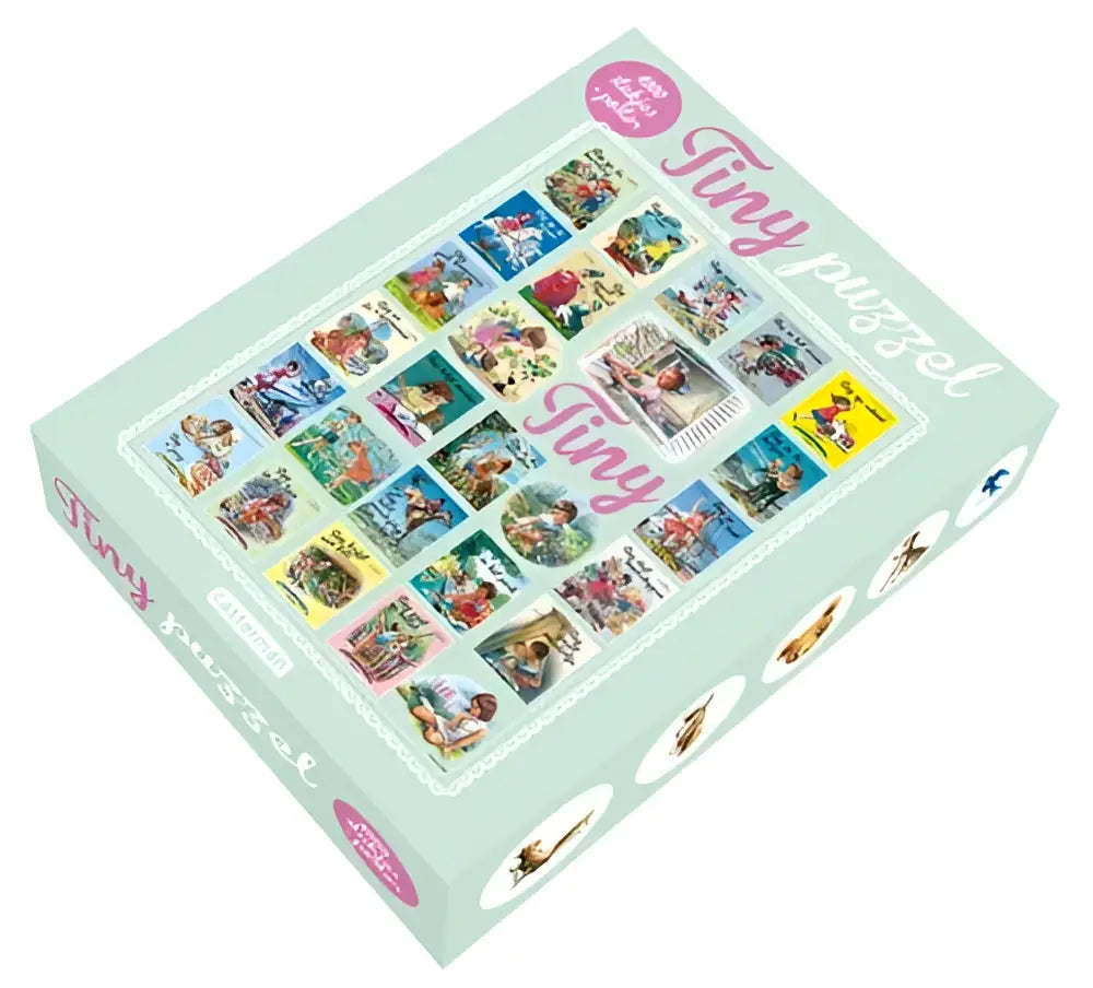 Lichte muntgroene tiny puzzel doos met kleurrijke vintage puzzelafbeeldingen voor jonge lezers