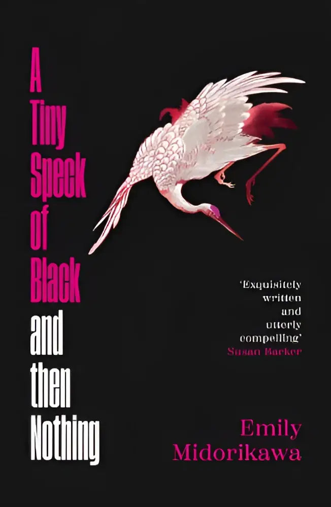 Delicate white crane illustration with pink accents on black background in tiny speck, winnaar van de lucy cavendish prijs voor fictie