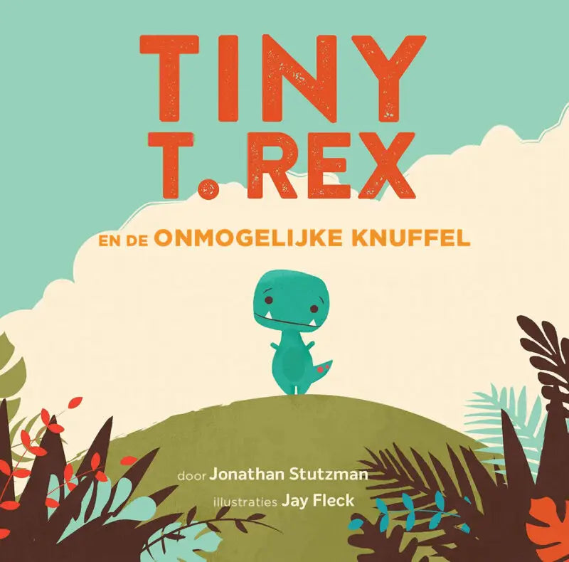 Een charmante teal gekleurde cartoon t rex op het boek tiny t rex en de onmogelijke knuffel voor jonge lezers