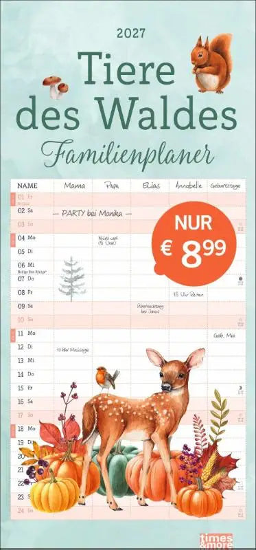 tm Tiere des Waldes Familienplaner 2027 - Wandkalender 2027 zum Eintragen mit zauberhaft illustrierten Waldtieren. Familienkalender mit 5 Spalten Platz für alle wichtigen Termine