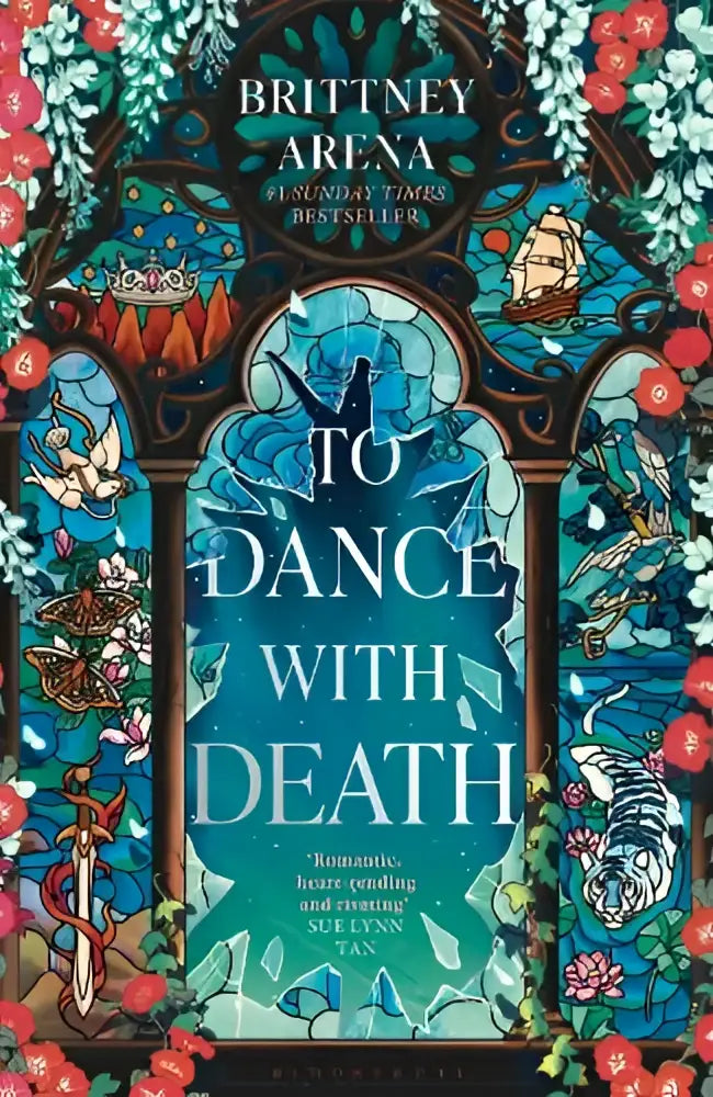 The book cover of to dance with death features a stained-glass design in blue teal red and white as the heartrending conclusion to the romantasy series