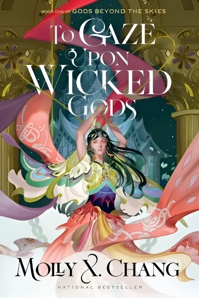 De cover van de fantasy roman to gaze upon wicked gods toont een vrouw in een kleurrijke jurk met goudpaarse accenten