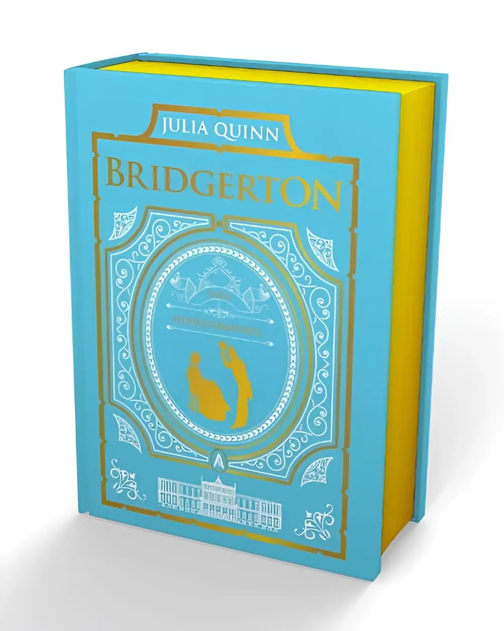 Een turquoise harde kaft boek met goudkleurige tekst bridgerton door julia quinn sir phillip with love bridgerton collector’s edition