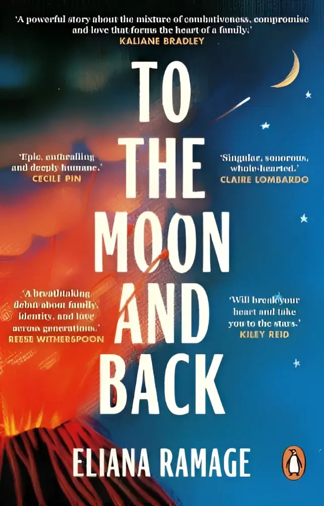 De boekomslag van to the moon and back door eliana ramage toont witte letters op een kosmische achtergrond met sterren en de maan