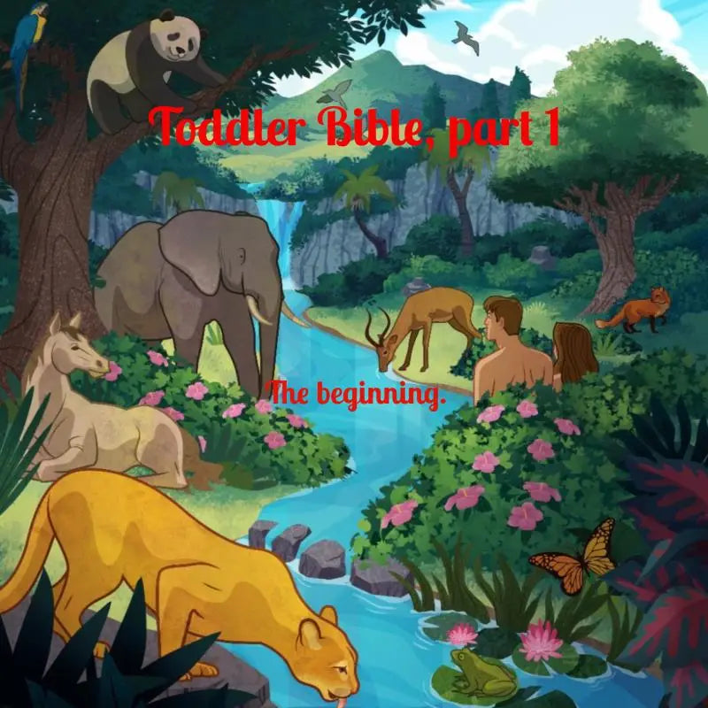 Illustrated cover of toddler bible part 1 the beginning showing a vibrant jungle with animals near a river for jonge lezers
