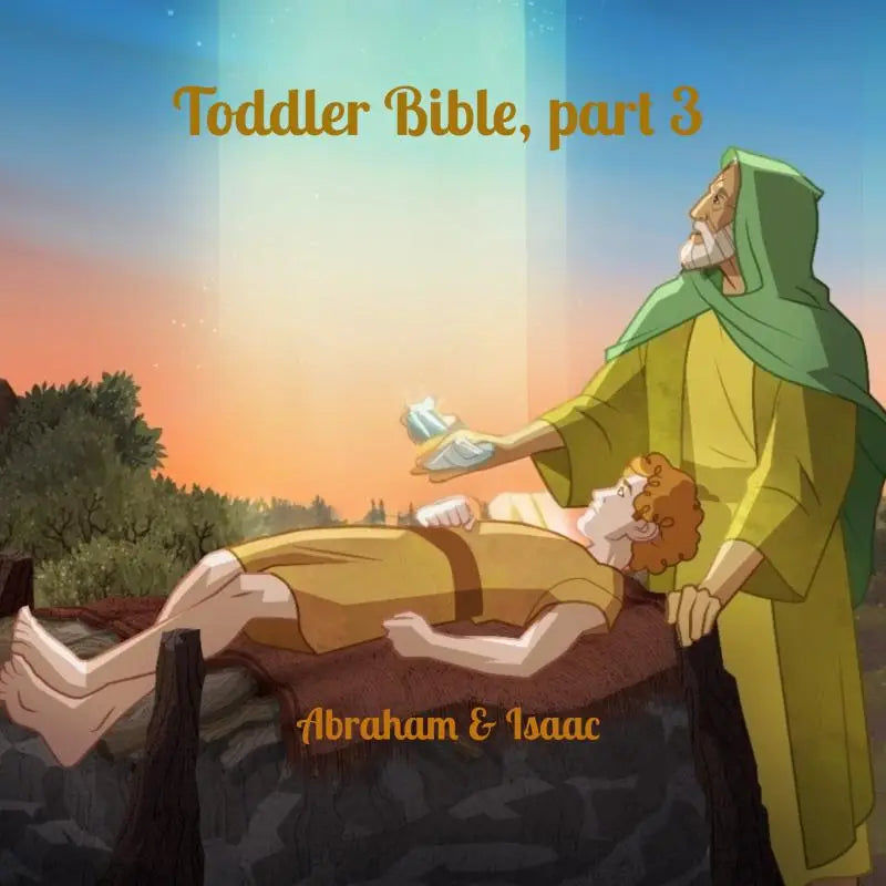 Illustratie voor de omslag van toddler bible part 3 met abraham en isaac in een rustige buitenomgeving voor jonge lezers