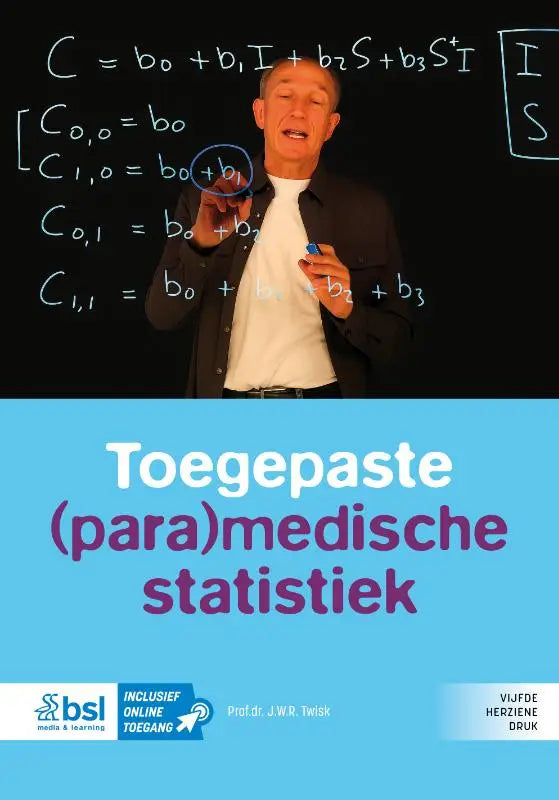 Het boek toegespitste para medische statistiek heeft een felblauwe omslag met witte en paarse tekst en bsl media branding