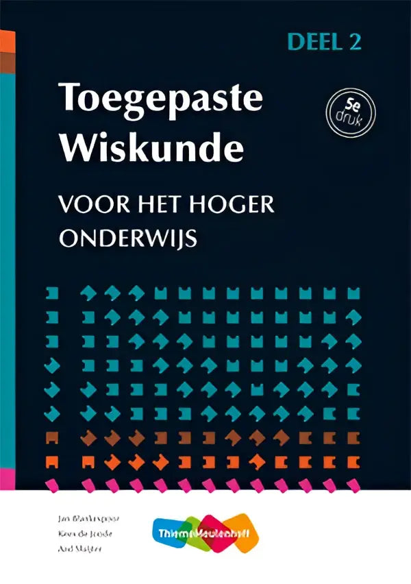 Donkerblauwe textbook cover met teal en oranje pijlen, getiteld toegepaste wiskunde voor toepassingsgerichte wiskunde studies