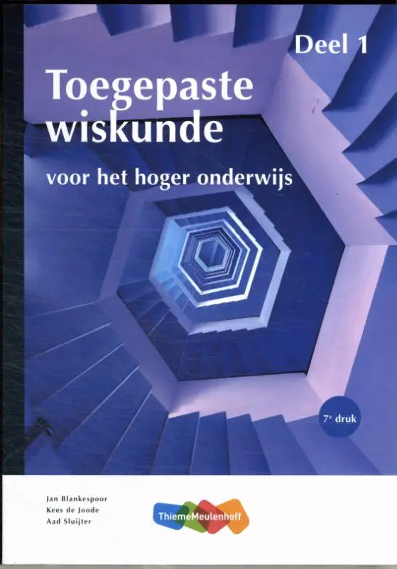 Blauw-witte geometrische spiraaltrap op de kaft van toegepaste wiskunde voor het hoger onderwijs van thiememeulenhoff