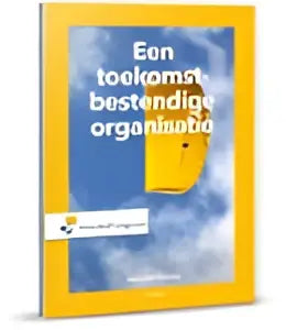 Gele boekomslag met blauw wolkendessin en witte tekst een toekomstbestendige organisatie door houtsmid management algemeen