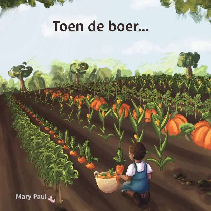 Een jonge lezer in blauwe overalls houdt een vers geplukte pompoen vast uit het boek toen de boer