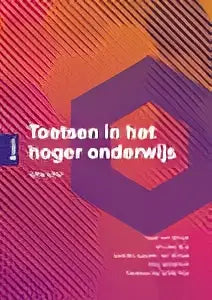 Vibrant abstract design with orange and purple geometric shapes on the cover of toetsen in het hoger onderwijs by anneke bax and desirée joosten-ten