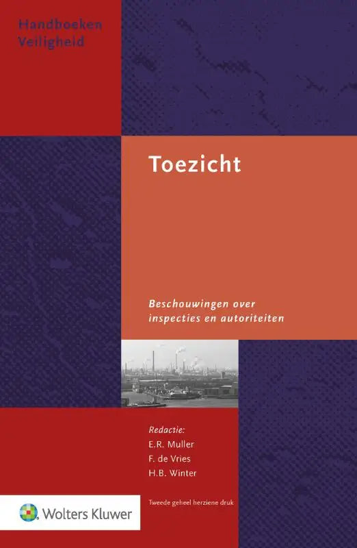 Boekcover van toezicht met geometrisch ontwerp in diep rood en marineblauw, oranje blok en witte serif titel, wolters kluwer nederland