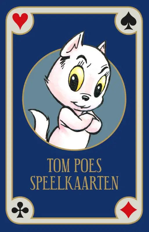 Een charmante witte cartoon kat met gele ogen op een blauwe speelkaart van tom poes speelkaarten