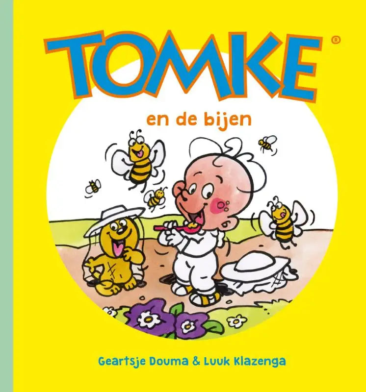 Bright yellow children’s book cover tomke en de bijen for jonge lezers with cartoon baby and bees on white circle