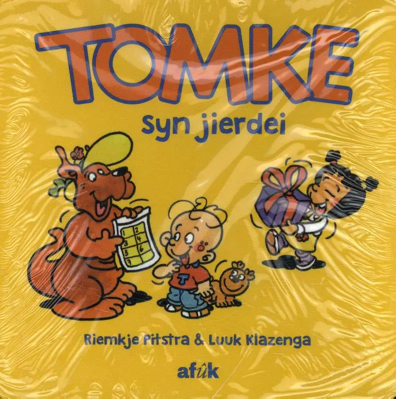 Gele kinderboekenkaft met cartoonfiguren en gedurfde oranje en blauwe letters voor tomke hat syn jierdei