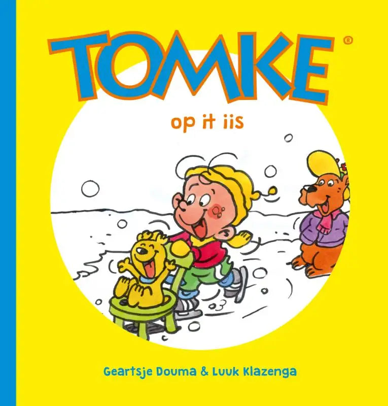 Heldere gele boekcover van tomke op it iis met een cartoon van een jongen en hond die schaatsen voor jonge lezers