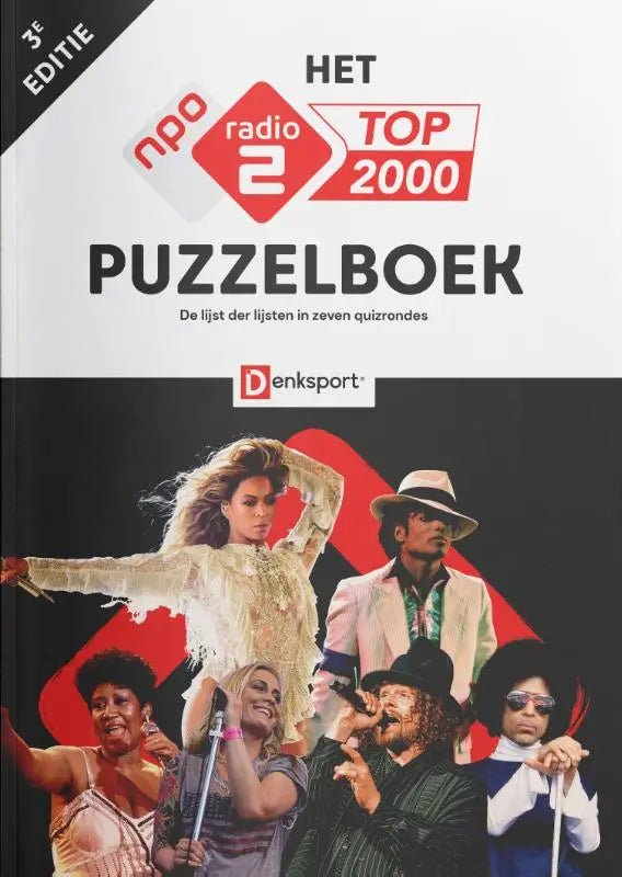 Het top 2000 puzzelboek denksport met kleurrijke collage van beroemde muzikanten op rode en zwarte cover