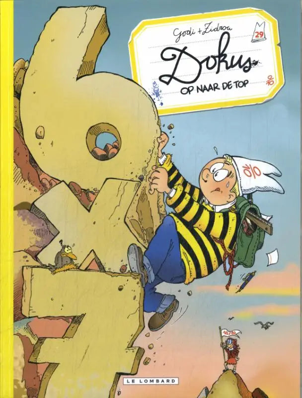 Gele en zwarte gestreepte comicboekcover met cartoonjongen die reusachtige gouden letter k beklimt in strips algemeen