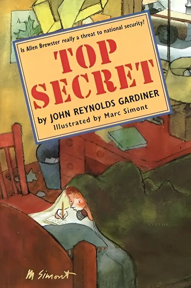 De boekomslag van top secret toont rood en zwart tekst op een gele achtergrond met een kind dat zich verstopt onder dekens