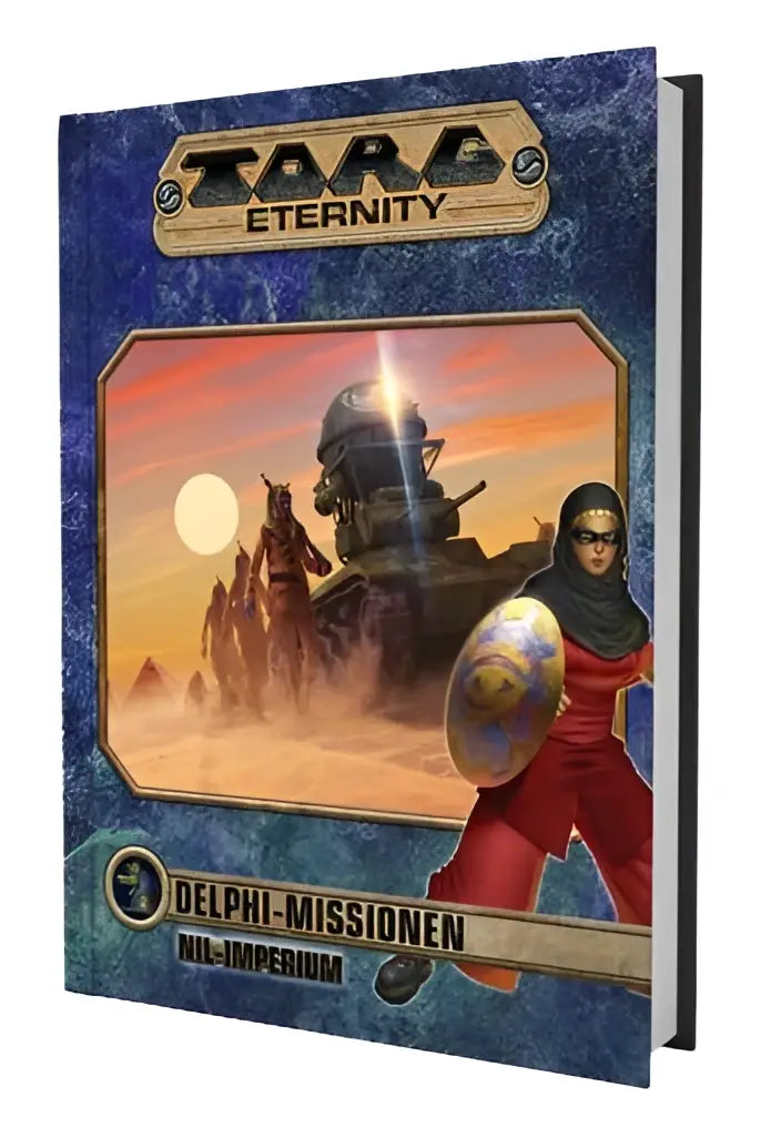 Torg eternity delphi missionen das nil-imperium boek met blauwe textuur en illustratie van pantserfiguren en tank bij zonsondergang