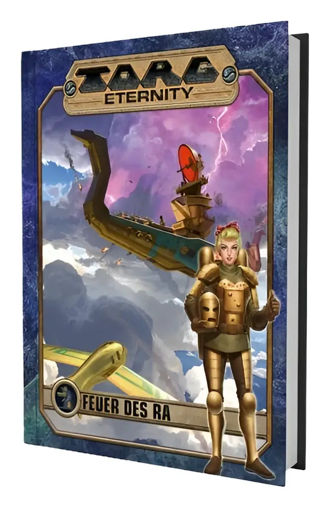 De hardcover van torg eternity feuer des ra abenteuer toont een kleurrijke fantasy-cover met een gepantserde figuur en een vliegend schip