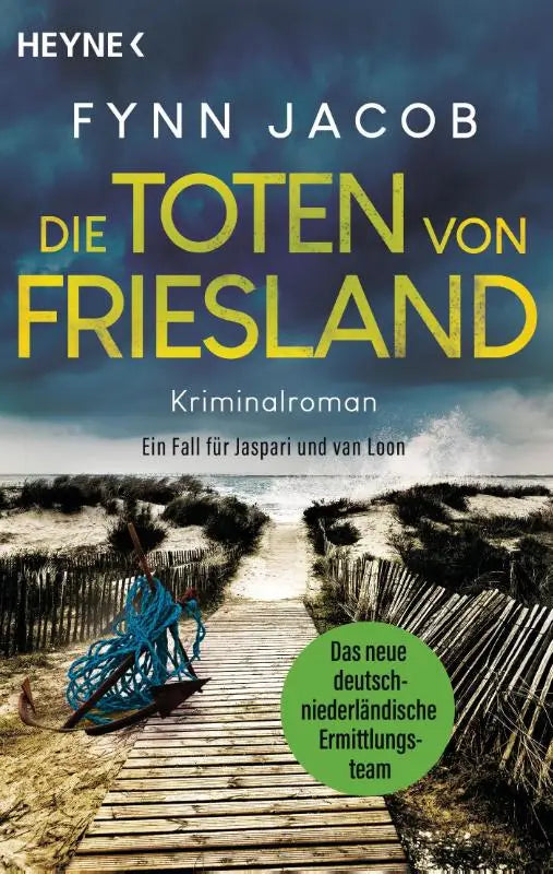 Gele tekst op donkerblauwe en grijze kaft van het Duitse misdaadboek die toten von friesland een fall für jaspari en van loon