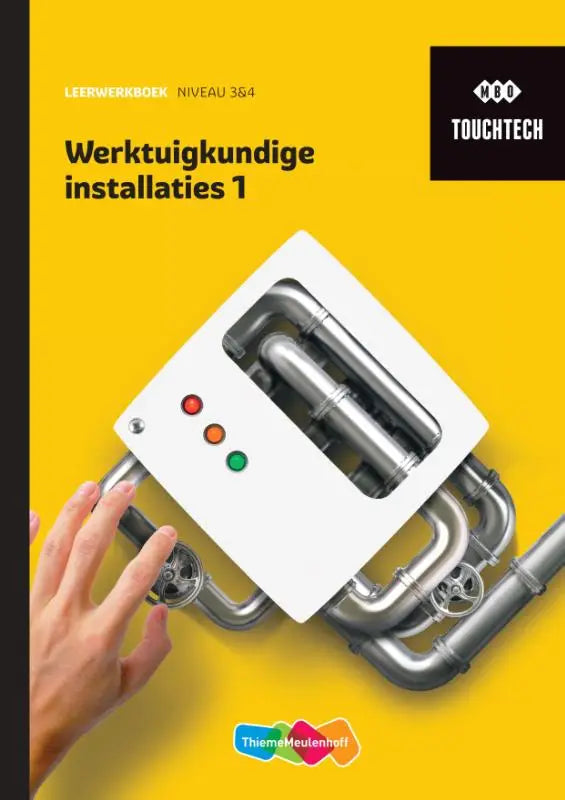 Witte rechthoekige touchtech bedieningspaneel met rode oranje en groene indicatorlampen en metalen leidingen