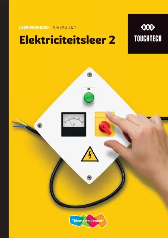 Witte diamondvormige elektrische bedieningspaneel van touchtech met groene drukknop rode draaiknop analoge voltmeter en geel waarschuwingssymbool